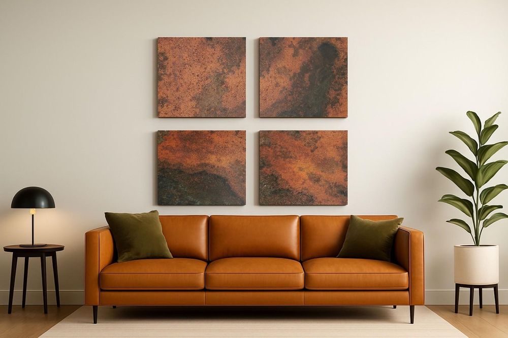CopperAndCraft Kupfer Wandkunst 4er Set, Handgefertigtes Metallbild mit Patina, Rustikale und Moderne Wanddeko für Wohnzimmer Küche Kaminwand,