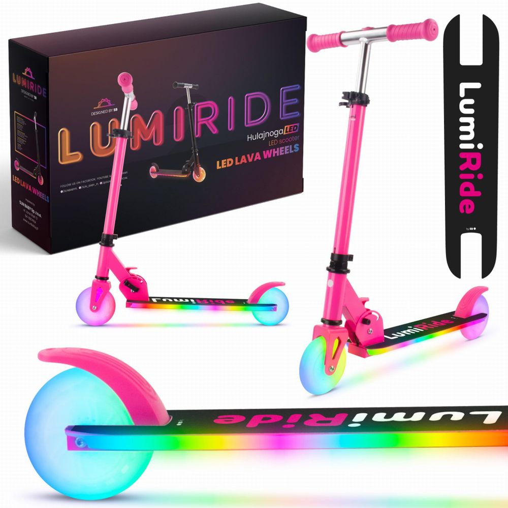 Productverpakking, step en detail van het verlichte dek met 'LumiRide' logo.