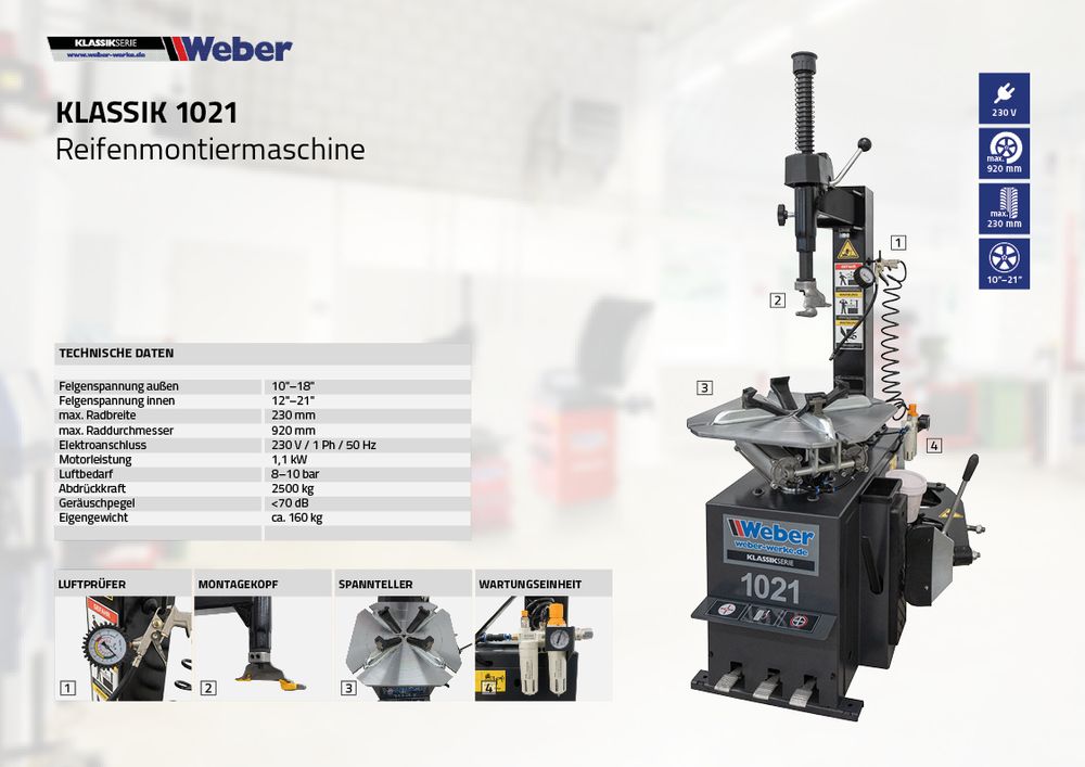 Das Bild zeigt das Hauptbild mit der Montiermaschine, sowie die technischen Daten.