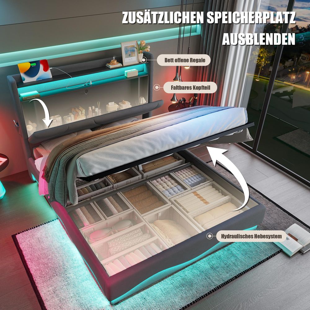STILVORA Doppelbett 160x200 Polsterbett mit USB Type-C-Ladefunktion,Kopfteil mit LED und Ablageflächen,Jugendbett mit Bettkasten,Grau-Ohne Matratze
