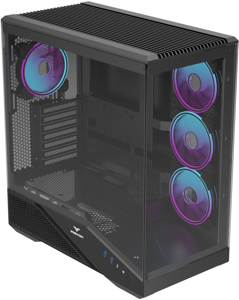 PREYON Nest Seaview Gaming PC Gehäuse ATX ARGB - Gehärtetes Glas Panorama-Design USB-C 360 mm AIO Wasserkühlung Effiziente Kühlung Schwarz Premium