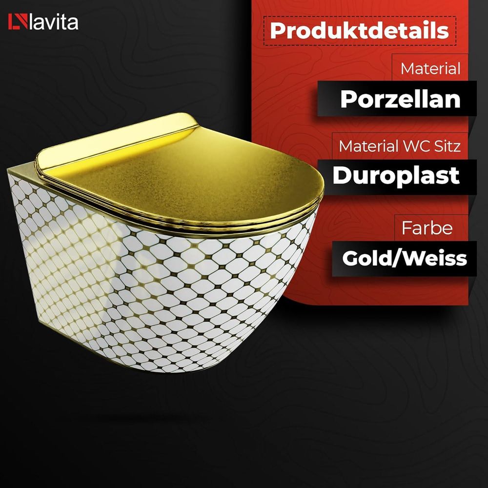 Lavita LAV 101 Vorwandelement für WC 40cm + Wand Hänge Tiefspül WC SOFI SLIM CHECKED GOLD Spülrandlos + Bedienplatte LAV 200.4.5 Gold | Komplettset | Unterputz Spülkasten | Toilette Komplett Sett