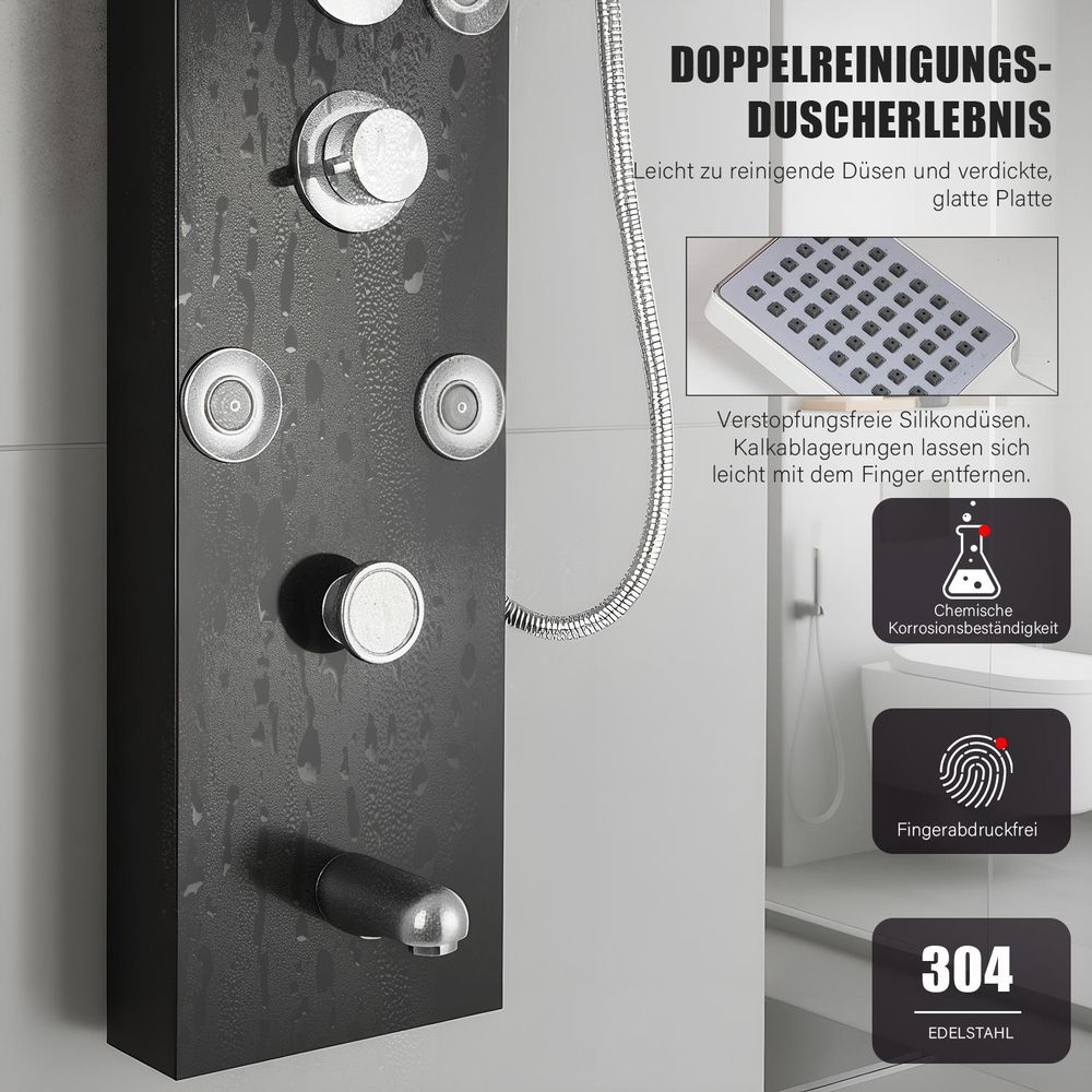 OYAJIA Duschsystem 6209 mit LED Regendusche, 5 Wasserfunktionen, digitale Temperaturanzeige, Wandmontage, Schwarz gebürstet mit Handbrause & Massagedü