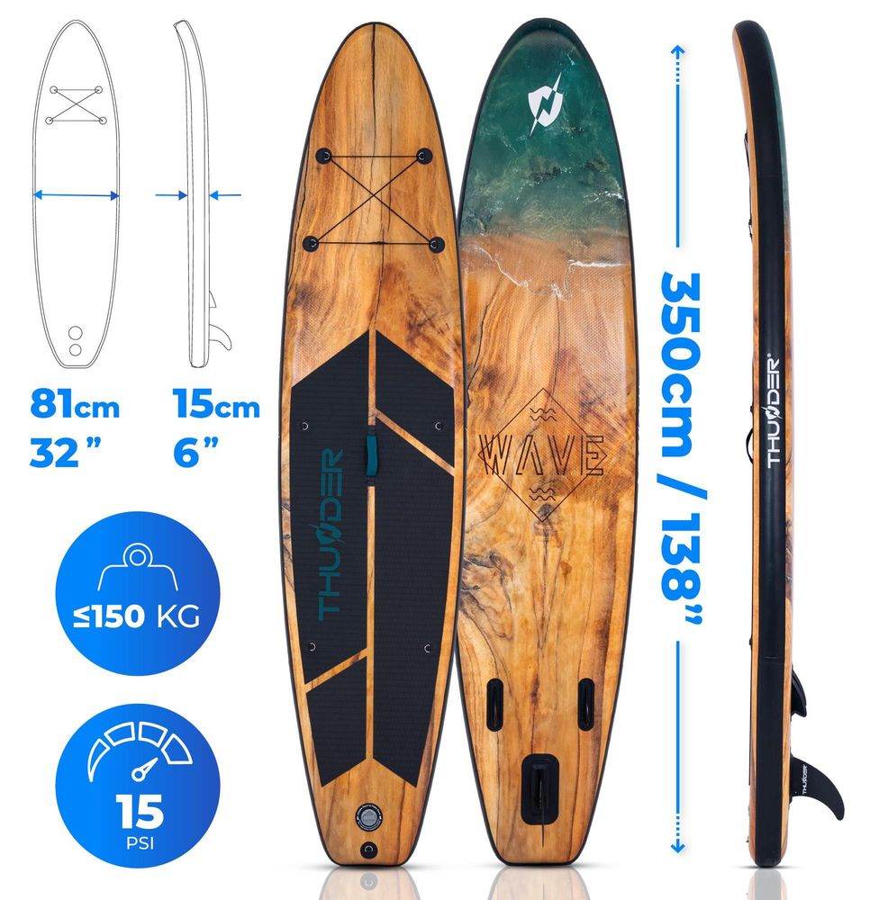 Paddleboard THUNDER Wood 350 x 81 x 15 cm, marron et noir, capacité de charge jusqu'à 150 kg