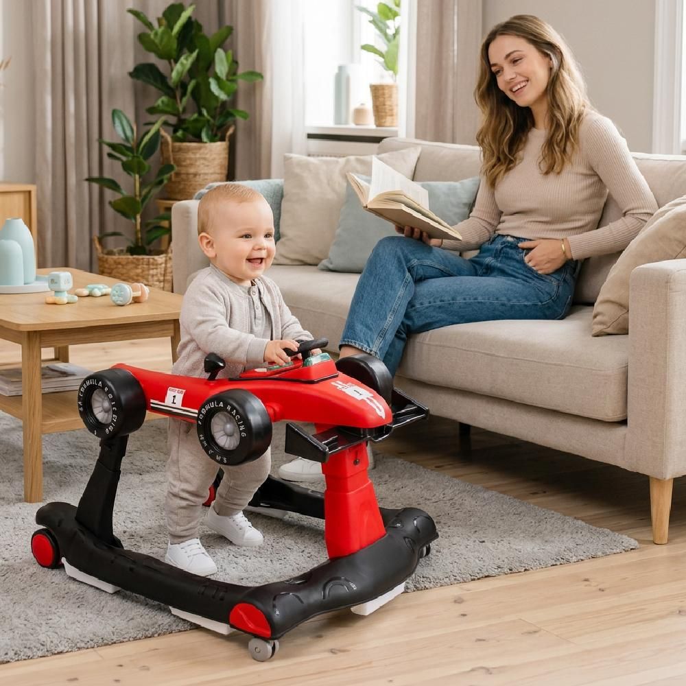 Baby speelt met stuur en bedieningspaneel van de Formule 1 loopstoel