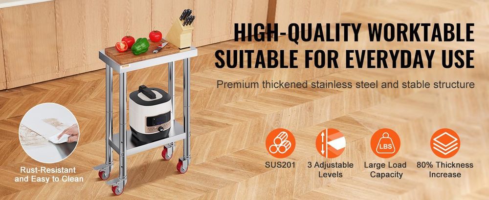 VEVOR Edelstahl Arbeitstisch 30 x 18 x 34 Zoll, 700 LBS Tragfähigkeit mit 4 Rädern, 3 verstellbare Höhenstufen, robuster Lebensmittelvorbereitungstisch für gewerbliche Küchenrestaurants, Silber, 307x612x862 mm