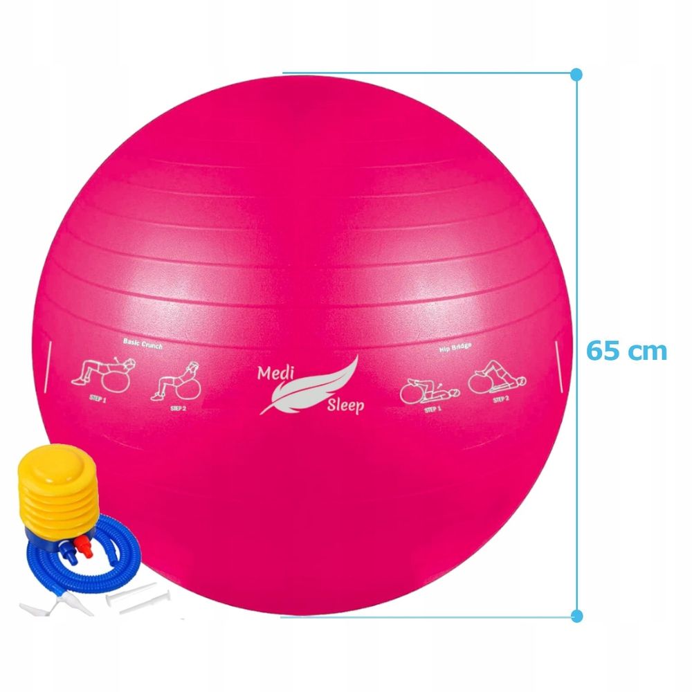 Gymnastikball 65 cm mit Luftpumpe - Sitzball, Trainingsball, Yogaball, Pilatesball - Fitnessball für Core Training mit gezeichneten Übungen - Rosa