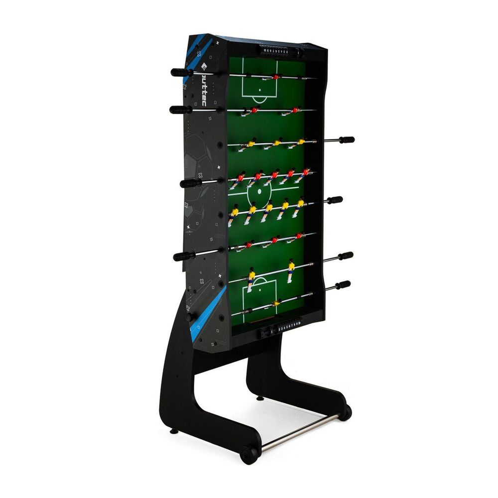 Hochkant zusammengeklappter Tischkicker, von vorne