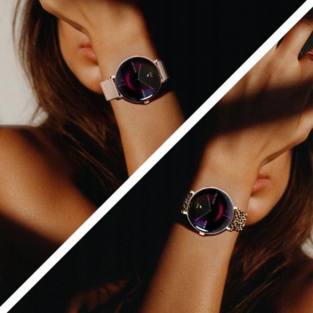 Forever Smartwatch pour femmes à la mode, Bluetooth, AMOLED, tu peux téléphoner directement via la montre SB-370 Lucca or rose - Bracelet imprimé léopard