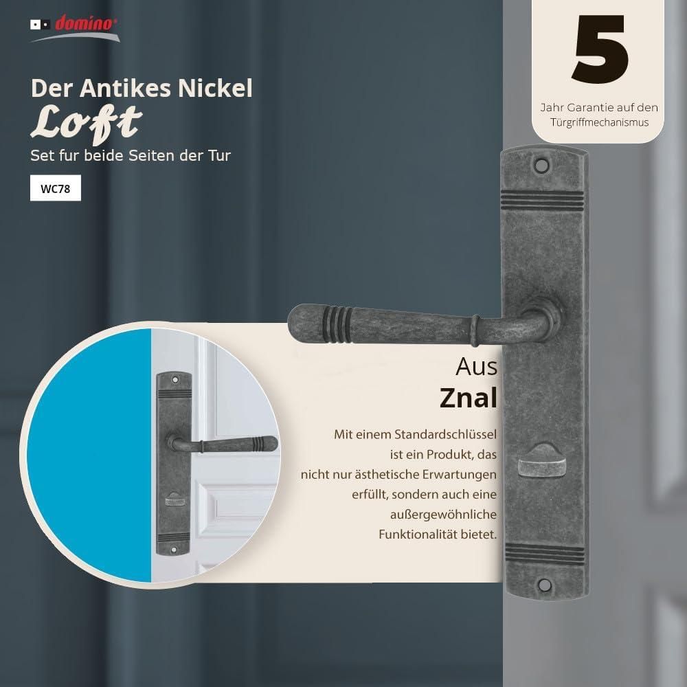DOMINO Türgriff 78 Drückergarnitur WC – Bad 78 Set | Tür-klinke für Zimmertür, Bürotür, Kellertür & Innentür |  aus Znal  | Antike Nickel | LOFT M95 |