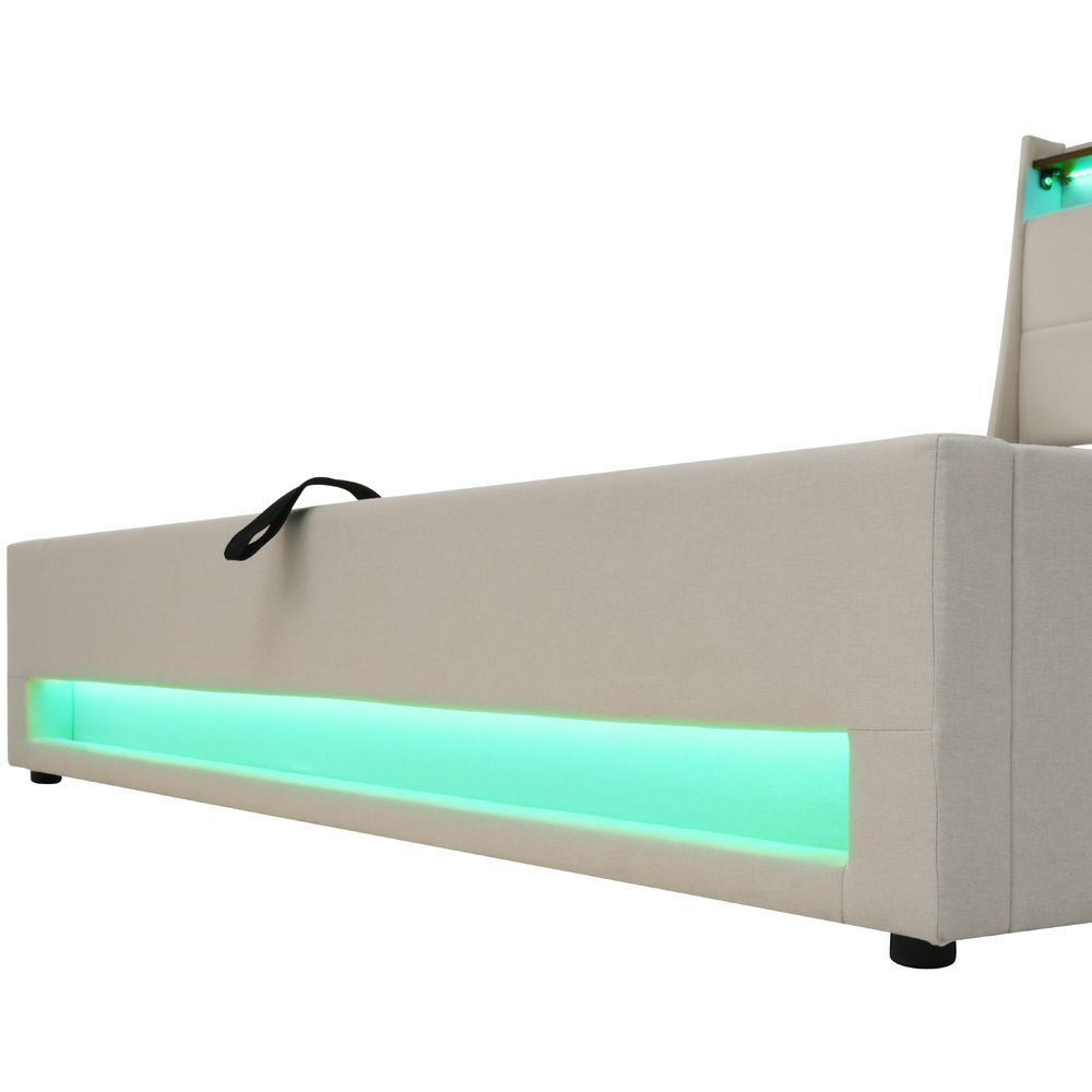 okwish LED Polsterbett 90x200 cm, Einzelbett mit USB, Jugendbett mit Metallrahmen Lattenrost, Bettgestell aus Leinen, Beige (mit Matratze)