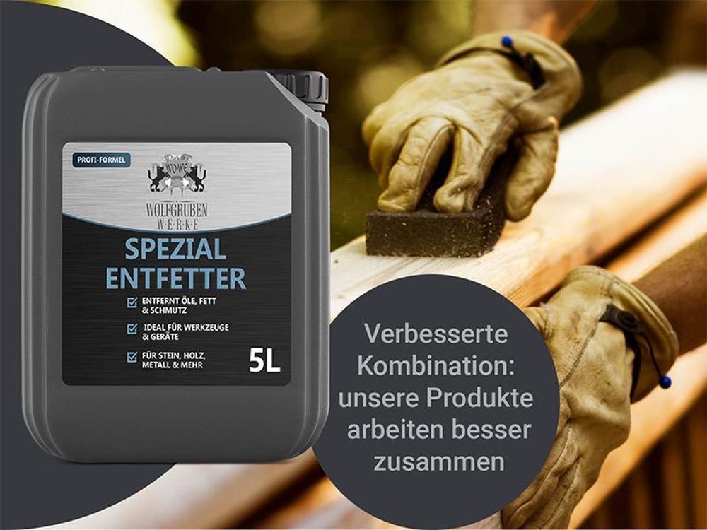 WO-WE Spezial Entfetter 5L, entfernt Öl und Fett, Anwendung bei Holzreinigung.