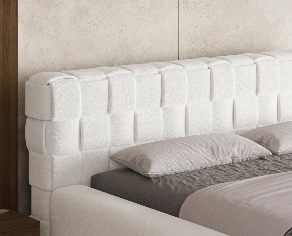 Chilly Möbel Design Bett Cube - Geometrisches Polsterbett mit Stauraum, Lattenrost und stabilem Metallrahmen 180x200 cm / Bouclé / Weiß