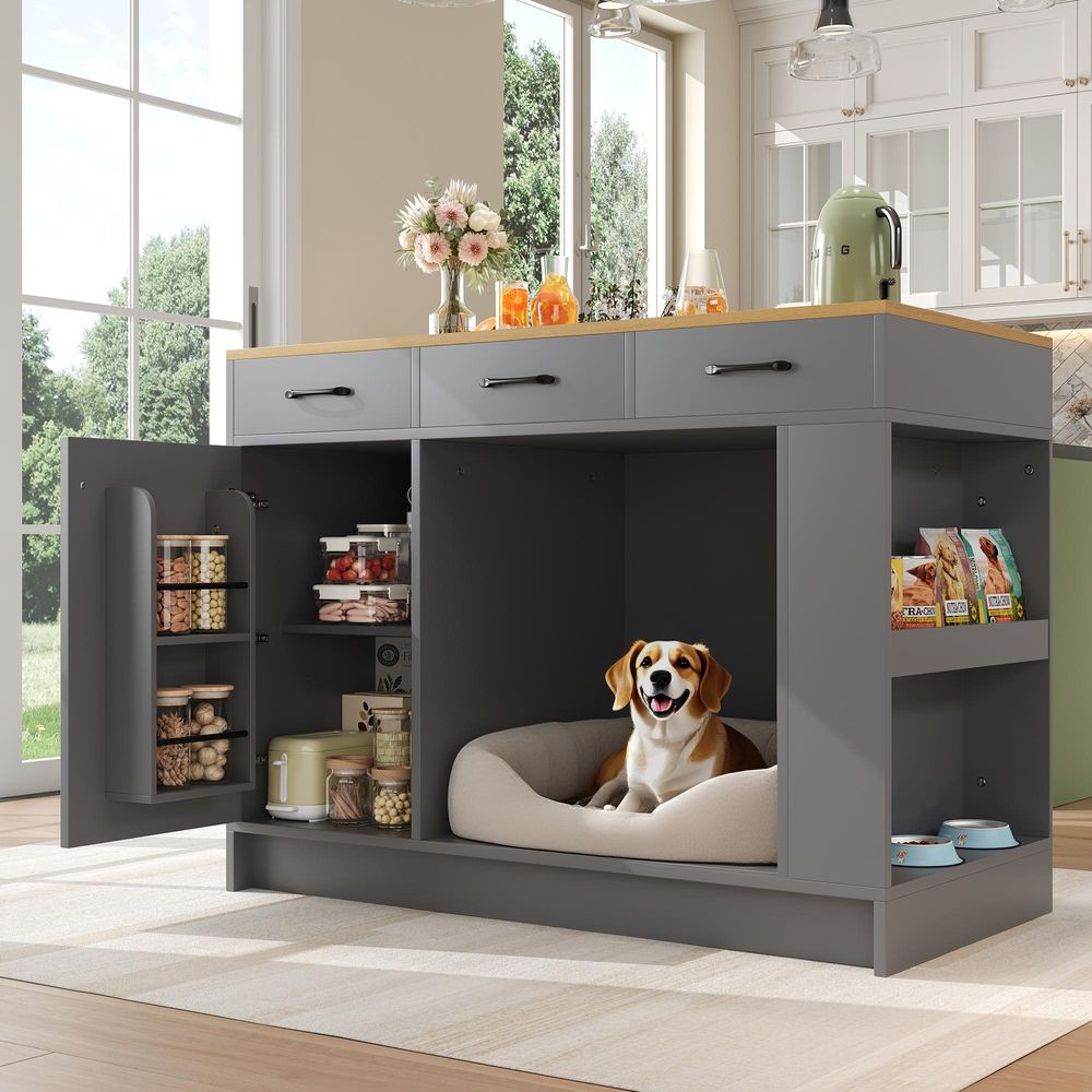 Merax Sideboard Kücheninsel mit Haustierbereich, 3 Schublade, Tür, Gewürzregal, Katzennapfbereich, Küchenwagen, Küchenschrank, 120×60×90 cm, Grau