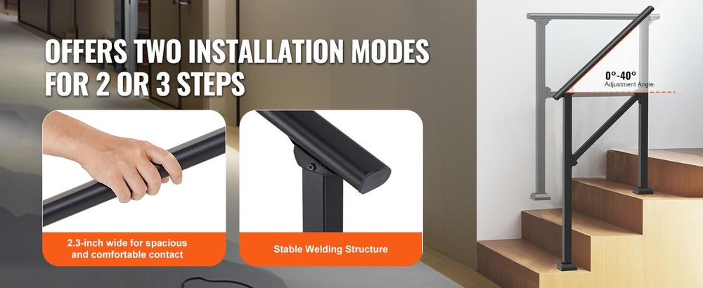 VEVOR Handläufe für Außentreppen, 2–3-stufiges Treppenhandlauf-Set, Übergangsgeländer Kohlenstoffstahl mit Montagesatz, Treppengeländer für Senioren, Betonstufen & Veranda & Deck