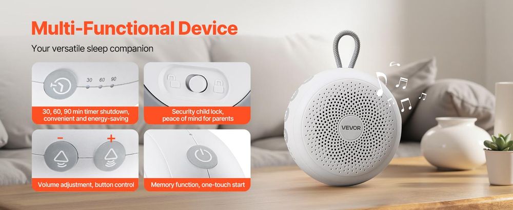 VEVOR Einschlafhilfe, White Noise Machine, 20 Musiktitel, 4-in-1-Soundmaschine mit weißem Rauschen, automatischem Abschalttimer, sanftem Ringlicht, Speicherfunktion & Kindersicherung, Rauschgerät