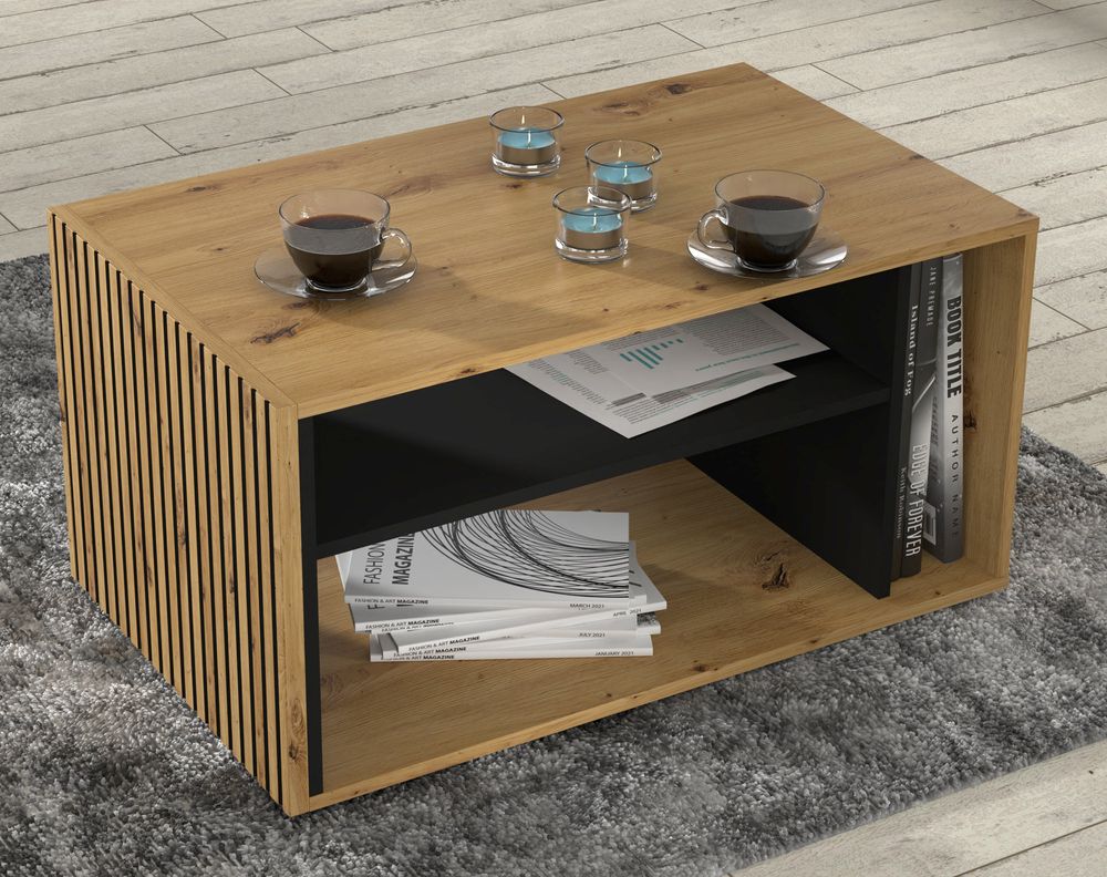 Couchtisch AURIS 87 x 55 x 45 cm Kaffeetisch Tisch mit Regal Artisan Eiche / Schwarz Matt