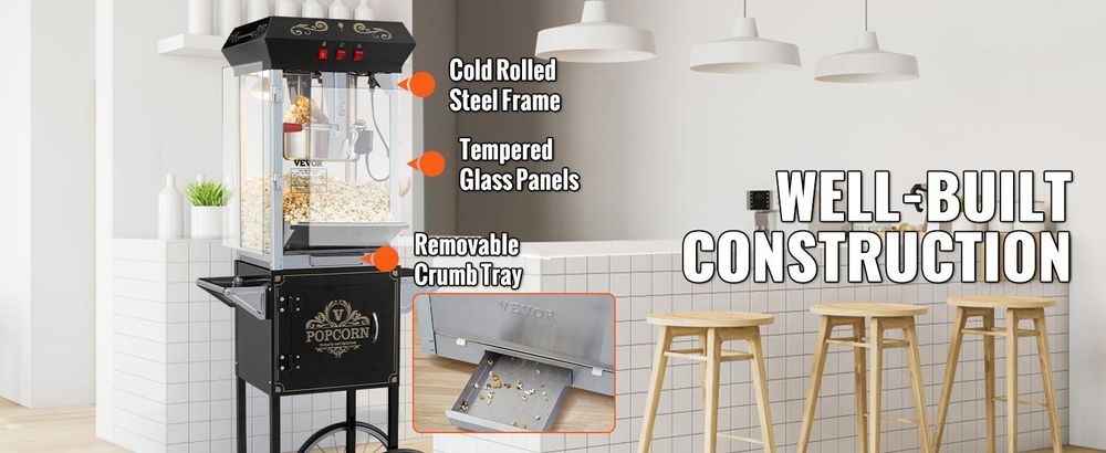 VEVOR Popcornmaschine Popcornautomat mit Wagen 850 W Popcorngerät, 8 oz Kessel für 48 Tassen pro Ladung, Popcornmaschine mit gehärtetem Glas inkl. 4 Schaufeln Kino-Stil Restaurant Schwarz