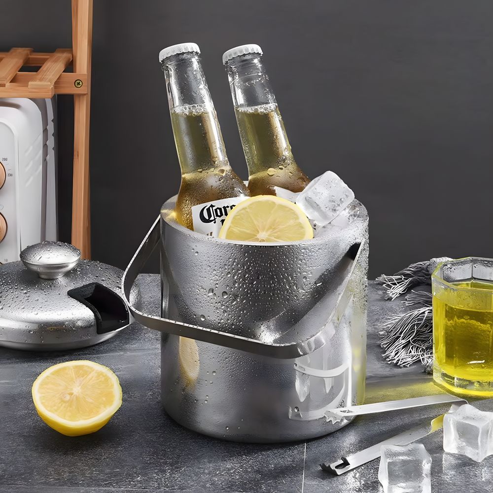 Eiseimer aus Edelstahl mit Deckel & Zange Eiswürfelbehälter Eisbehälter Serviereimer Doppelwandig 1.3 Liter Silber Retoo