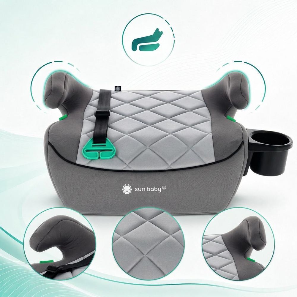 Podsedák, dětský podsedák, autosedačka, booster, dětská autosedačka, ISOFIX, 125–150 cm, držák na nápoje, LittleNestPro, šedá, Sun Baby