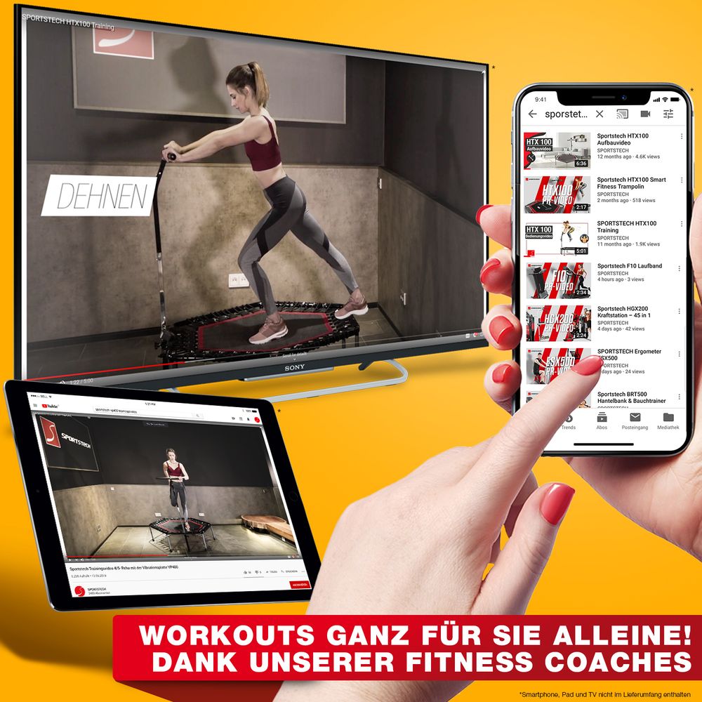 Messe-Neuheit 2020! Smart Fitness Trampolin, inkl. Pulsgurt, Sprungzähler & APP, klappbar, höhenverstellbarer Haltegriff mit Handy- & Flaschenhalterung, HTX100 Indoor Jumping Workout