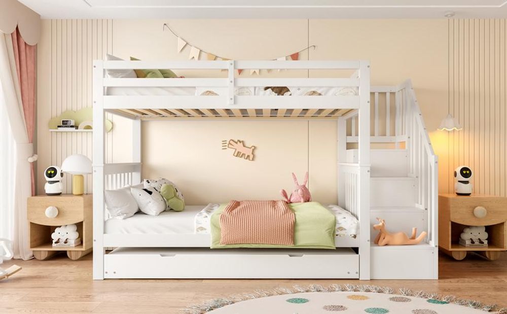 Merax Etagenbett Stockbett 90x200cm, mit Ausziehbett 90x190cm, Geländer, Lagerleiter, Kinderbett, Jugendbett, Massivholzbett, Weiß