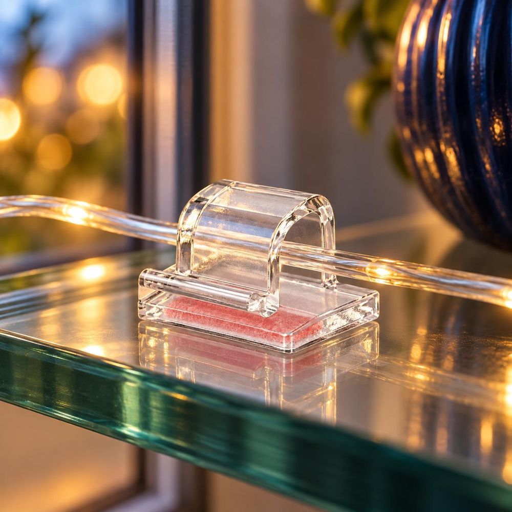 Klebeclip auf einer glatten Glasablage führt ein dünnes Kabel mit leuchtenden Lichtpunkten.