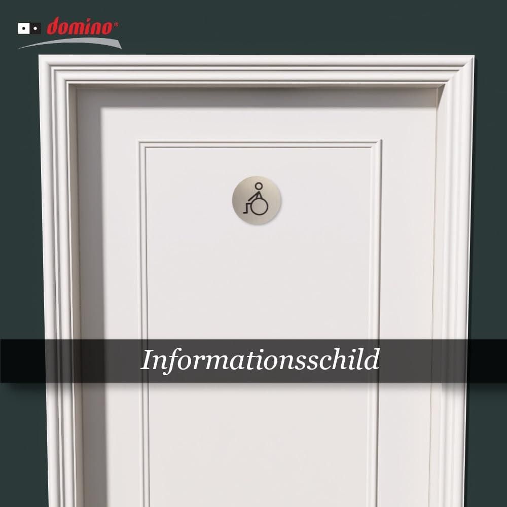 DOMINO WC Schild Selbstklebend 6,5 cm | Toilettenschilder WC | Türschild Gäste | Idealer WC Aufkleber | Toiletten Schild | WC-Schilder für Büros, Restaurants | Farbe: INOX