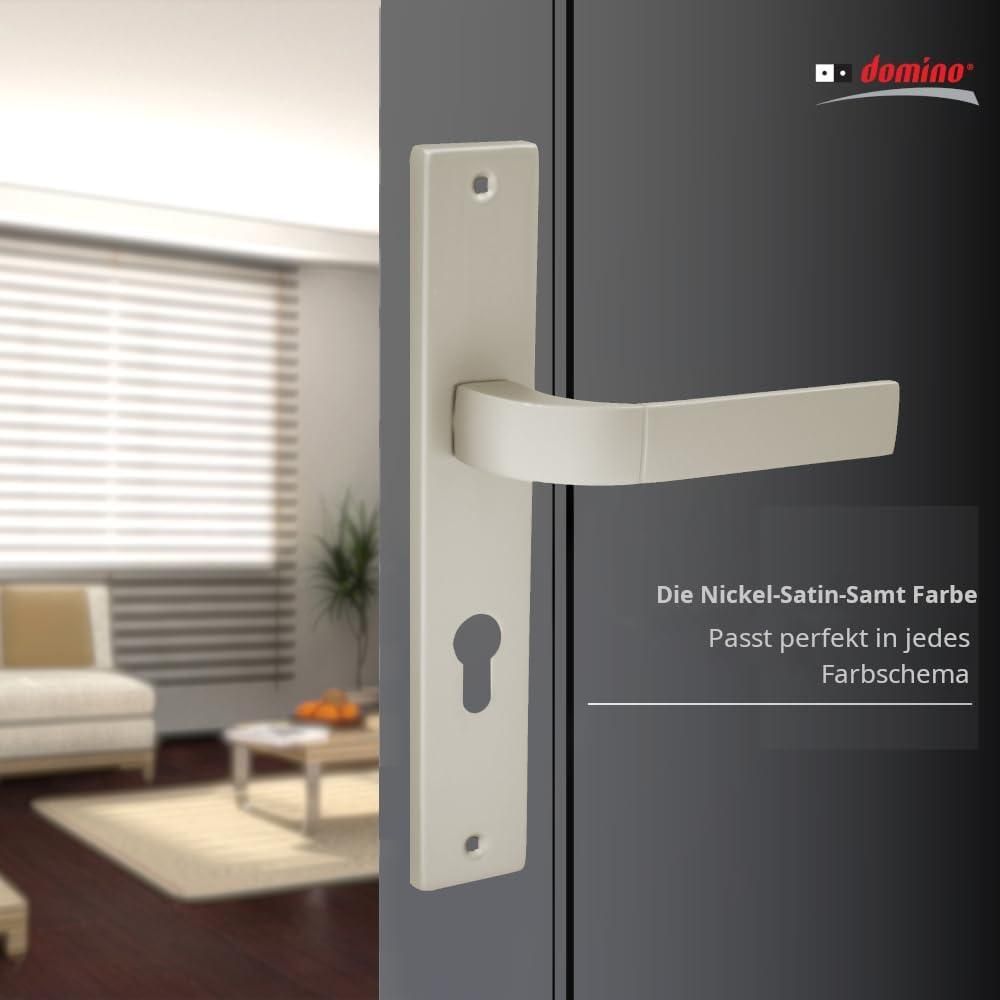 DOMINO Türgriff 72 Drückergarnitur PZ - Profilzylinder Set | Türklinke für Zimmertür, Bürotür, Kellertür & Innentür | L-Form | Türbeschläge aus Aluminiuml | Satin Nickel Velvet Türdrückergarnitur | FOKUS M91