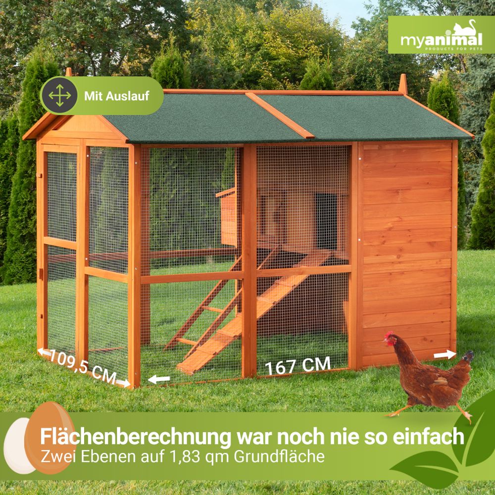 MyAnimal XXL Hühnerstall MH-15 | Bis zu 7 Hühner - Aufklappbarer Nistkasten - Auslauf - Zwei Etagen - Hühnergehege - Freigehege - Sitzstange (Braun)