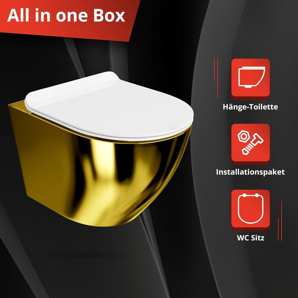 LAVITA Wand-WC Sofi Slim Gold/White | HŠnge Toilette | Toilettendeckel mit Absenkautomatik & Metallscharniere | Toiletten SpŸlrandlos HŠngend | Toilettenbecken | 365x490x395 cm | Wei§/Gold
