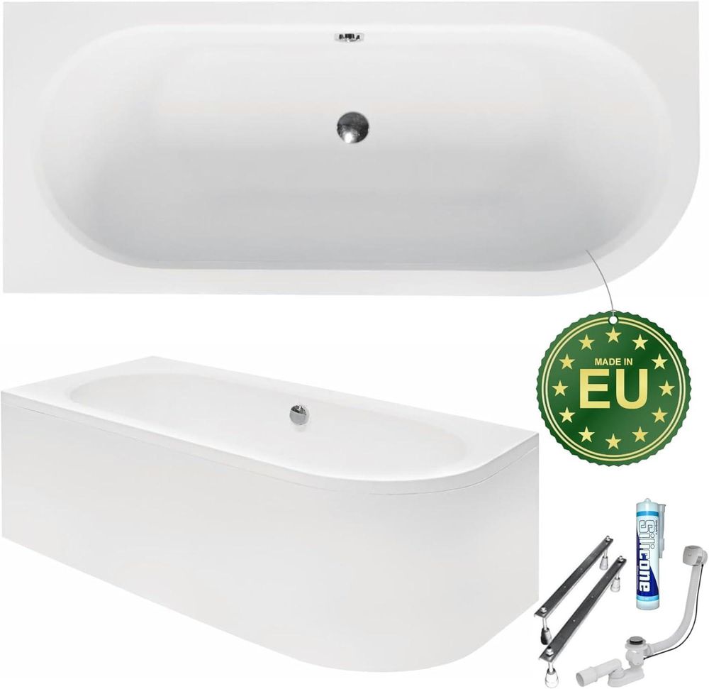 ECOLAM Badewanne 180x80 LINKS Avita Eckbadewanne mit Schürze | Acrylwanne Mittelablauf für ZWEI + Schürze Füße Silikon Ablaufgarnitur Komplettset