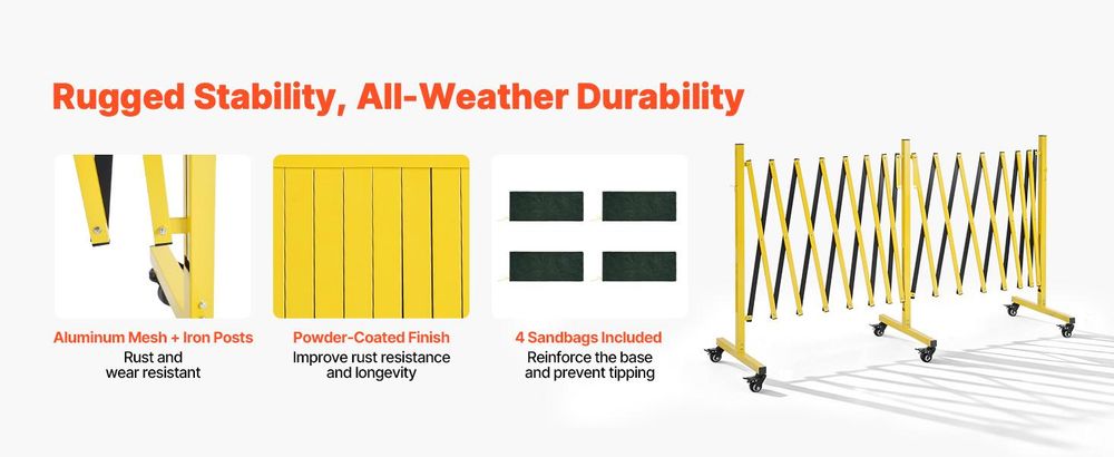 VEVOR Erweiterbare Absperrung, 3,37 m erweiterbare Sicherheitsbarriere, flexible mobile Absperrung mit verriegelbaren Rollen, tragbares faltbares Sicherheitstor aus Metall für Terrasse, Garten, Treppe, 520-7660x470x1020 mm