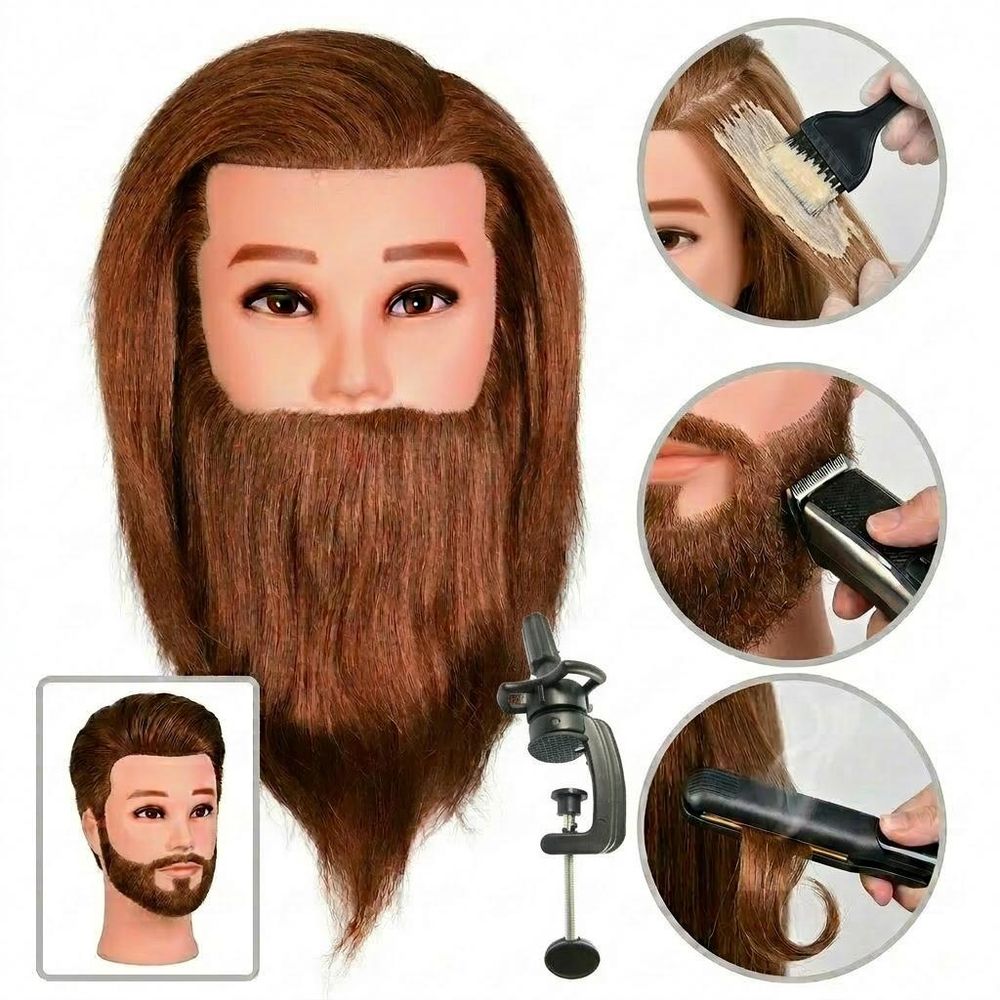 Friseurkopf Herren James Brown - 40cm Echthaar Trainingskopf mit Bart & Halterung