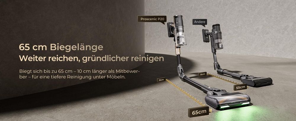 Proscenic Akku Staubsauger Kabellos 680W/85KPA/70Min,Klappstange,zur Reinigung unter niedrigen Möbeln
