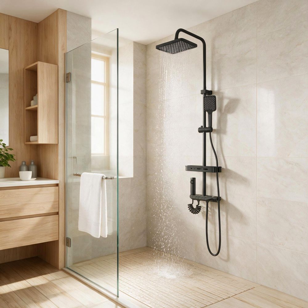 ROSEJANE Duscharmatur Komplettset mit Klavierknopf, höhenverstellbar 103–130 cm, Regendusche 27 × 17,5 cm, 2 Handbrausen, Ablage, Grau