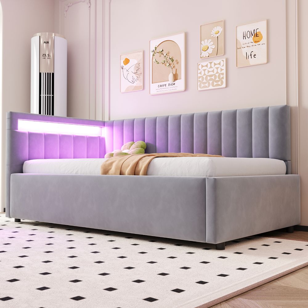 Merax Tagesbett Schlafsofa 90x200 cm mit LED-Kopfteil und hydraulischem Stauraum, Polsterbett mit vertikalem Streifendesign und Samtbezug, Hellgrau