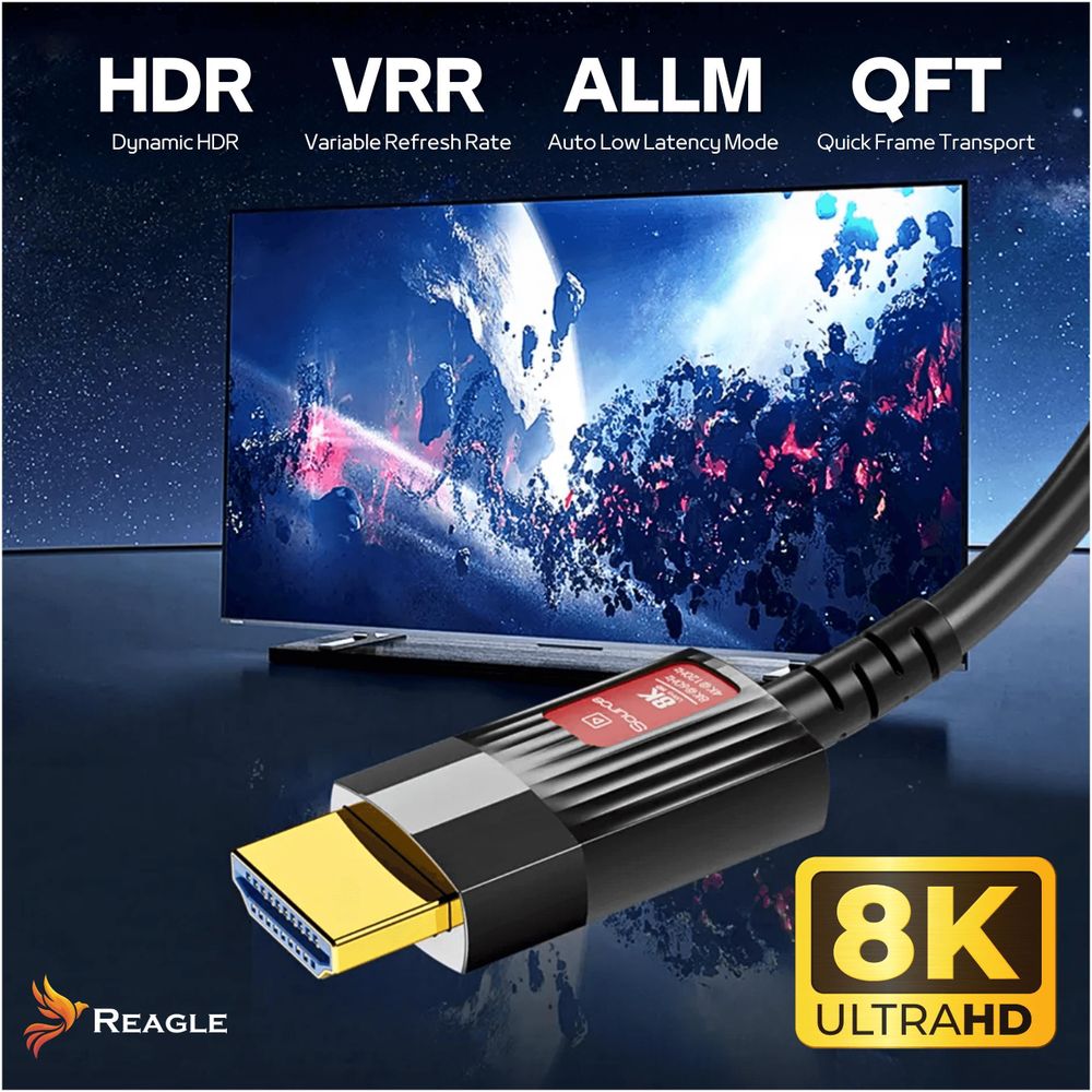 HDMI 2.1 Glasfaser Kabel 10m Optisch AOC 48Gbps 8K 60Hz 4K 144Hz für Gaming PS5 Xbox RTX Grafikkarte Heimkino Projektor HDR VRR eARC Reagle