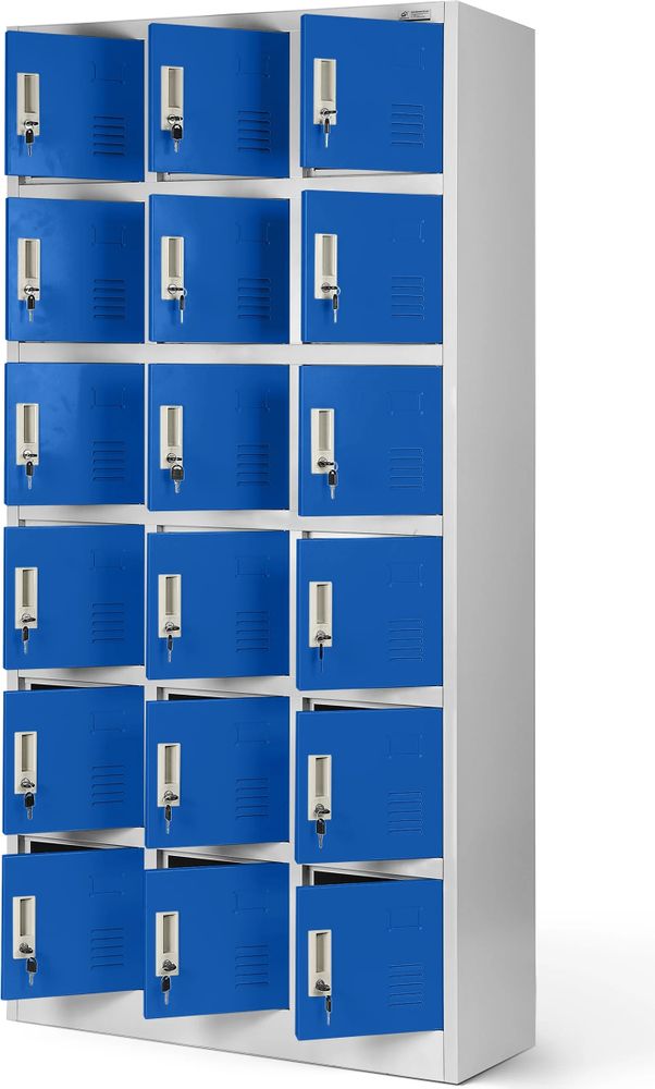 Umkleideschrank 3B6A Fächerschrank Schließfachschrank Wertfachschrank Metallspind Stahlblech 18 Fächer 185 cm x 90 cm x 40 cm Farbe: Grau-blau