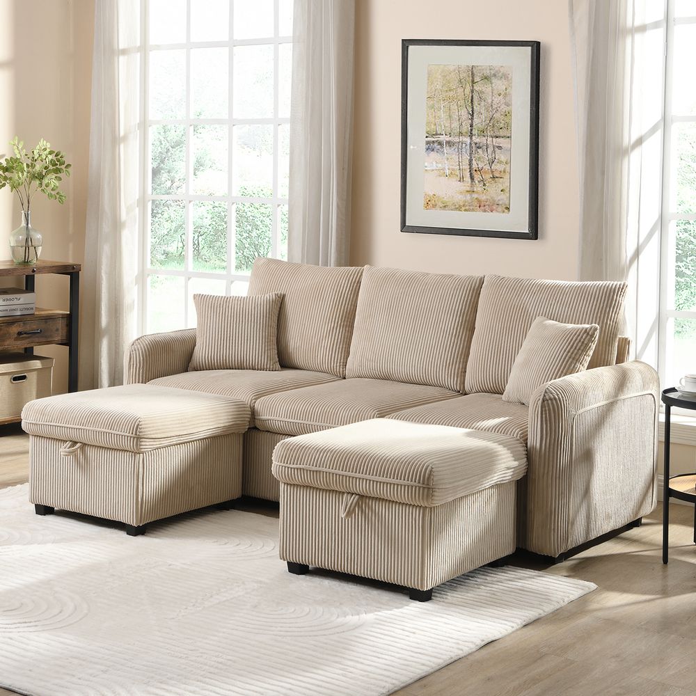 Merax Ecksofa U-Form mit Schlaffunktion und Stauraum, Dreisitzer Sofa-Set mit 2 Hocker – Chenille-Stoff, Metallrahmen, Modular Kombinierbar, Beige