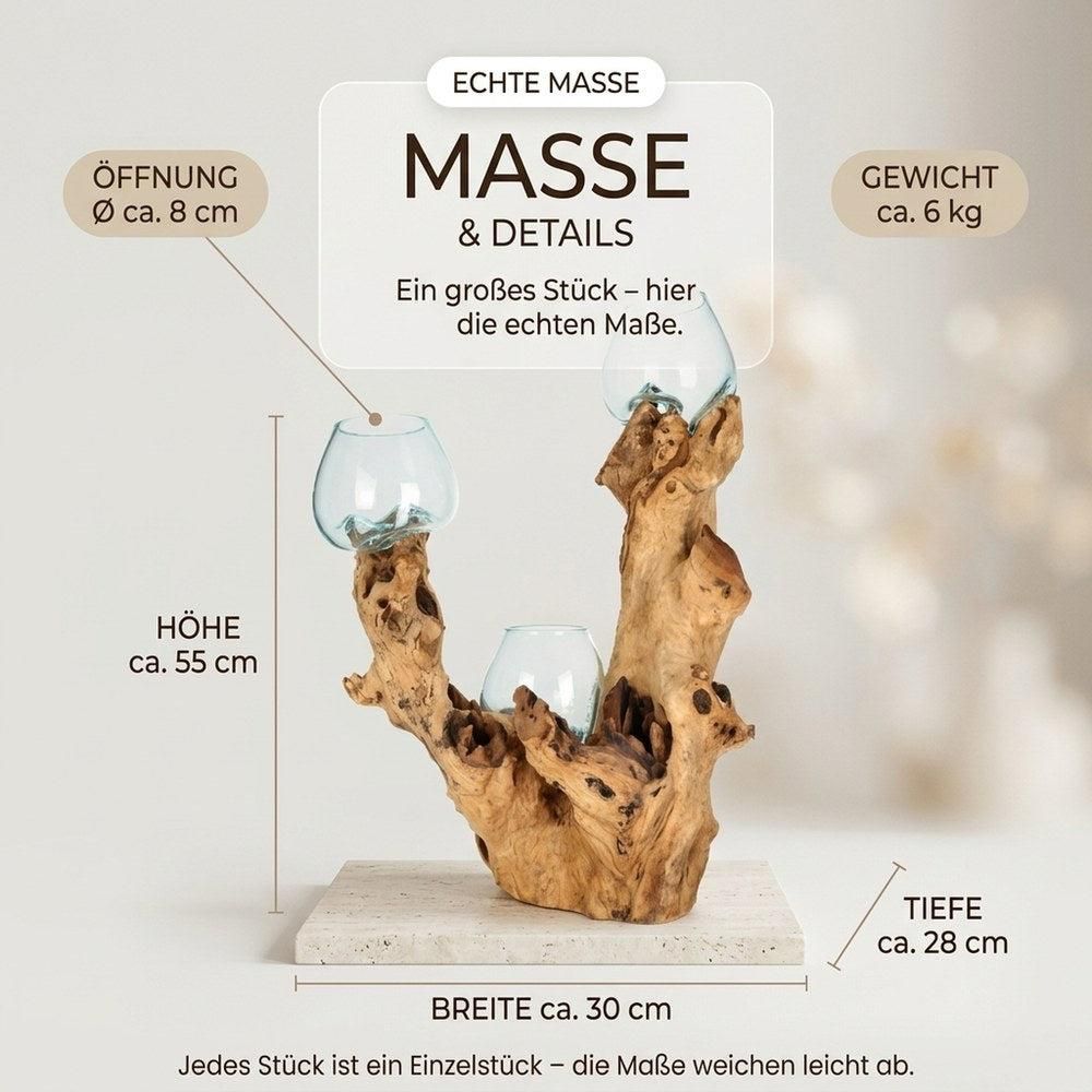 Wurzelholz-Skulptur mit 3 Glasgefäßen, ca. 55 cm: Maße