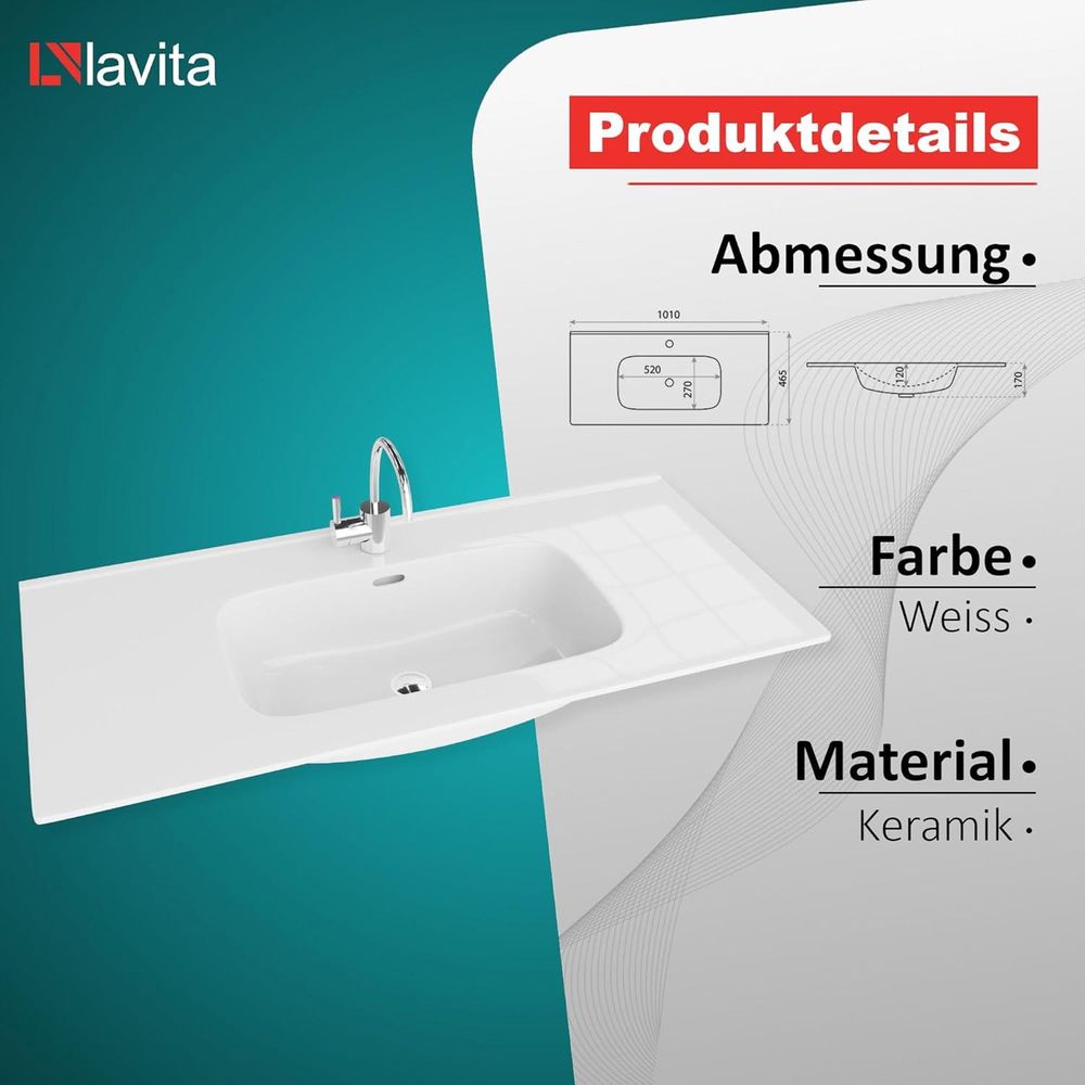 LAVITA Möbelwaschtisch Minnesota 1000 | Möbelwaschbecken | Waschbecken mit Überlauf und Hahnloch | Aus hochwertigem Porzellan | Waschtisch | 101x46,5x17 cm | Weiß Glanz