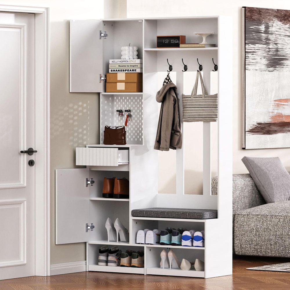 MODFU Flurgarderoben-Set Kleiderschrank mit Türen und Schubladen,Garderoben-Set  Garderobenschrank mit Schuhbank,Wandgarderobe mit Haken,Weiß
