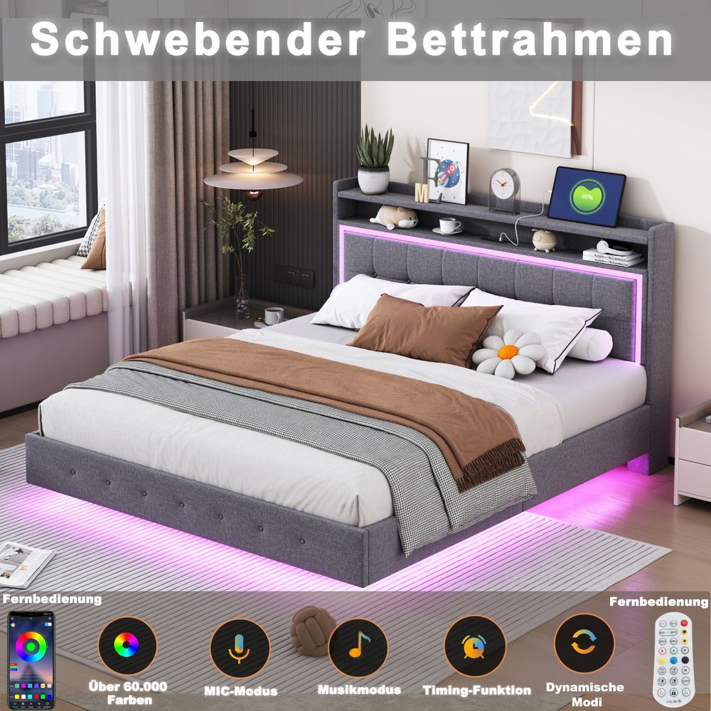 okwish Polsterbett Doppelbett 140 x 200 cm mit USB-Ladeanschluss und LED-Beleuchtung, Funktionelles Stauraumbett mit Kopfteil mit Stauraum(Ohne Matratze)- Beige