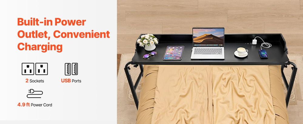VEVOR Überbetttisch mobiler Betttisch mit 4 Rollen und Steckdose, höhenverstellbarer Laptop-Rolltisch, Tragbarer Spanplatten-Überbetttisch