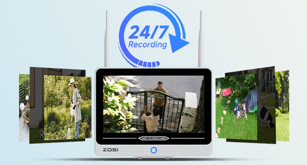 ZOSI 2K Wi-Fi 6 Überwachungskamera Set Aussen mit 12" Monitor NVR, 2TB HDD, 8X 3MP WLAN Kamera mit 2 Wege Audio, KI Personenerkennung, Farbnachtsicht