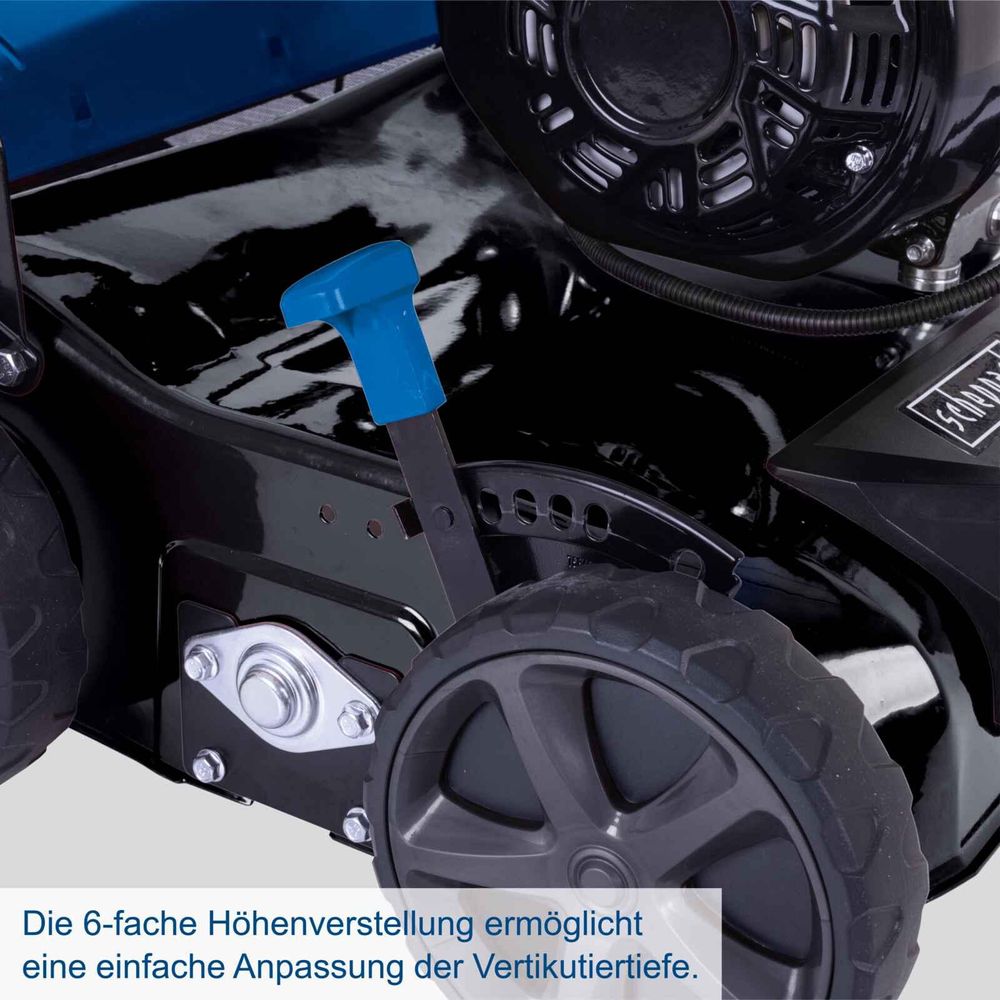 Das Bild zeigt die Schnitthöhenverstellung des Vertikutierers in einer Detailaufnahme.