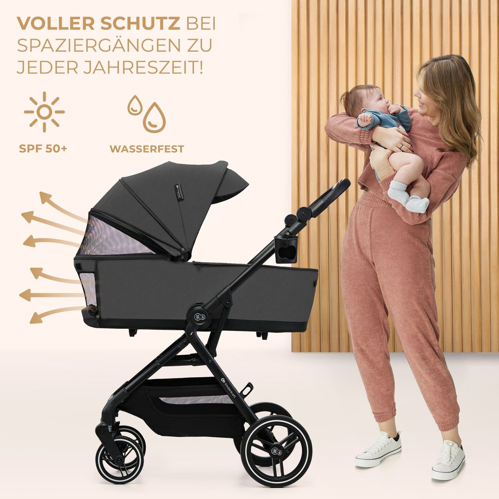 Kinderkraft YOXI 2-in-1 Kinderwagen bis 27 kg - Babywanne & Sportaufsatz - leicht - pannensichere Räder - TRAVEL SYSTEM - Grau