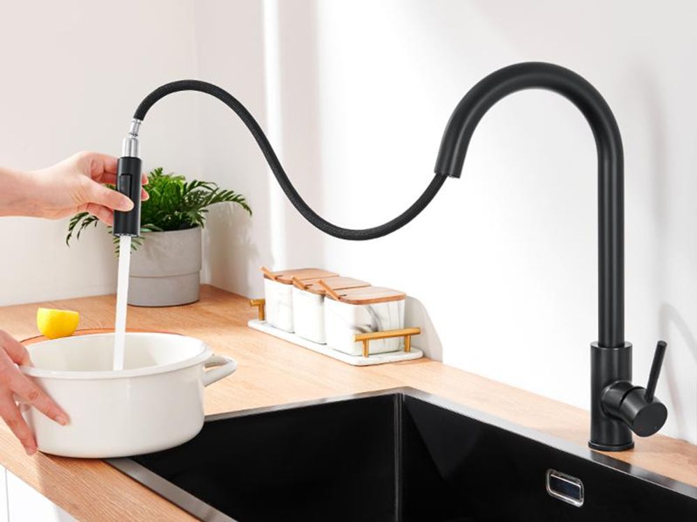 Lonheo Hochdruck Schwarz Küchenarmatur Wasserhahn Küche ausziehbar mit 2 Strahlarten 360° drehbar Spültischarmatur mit Brause