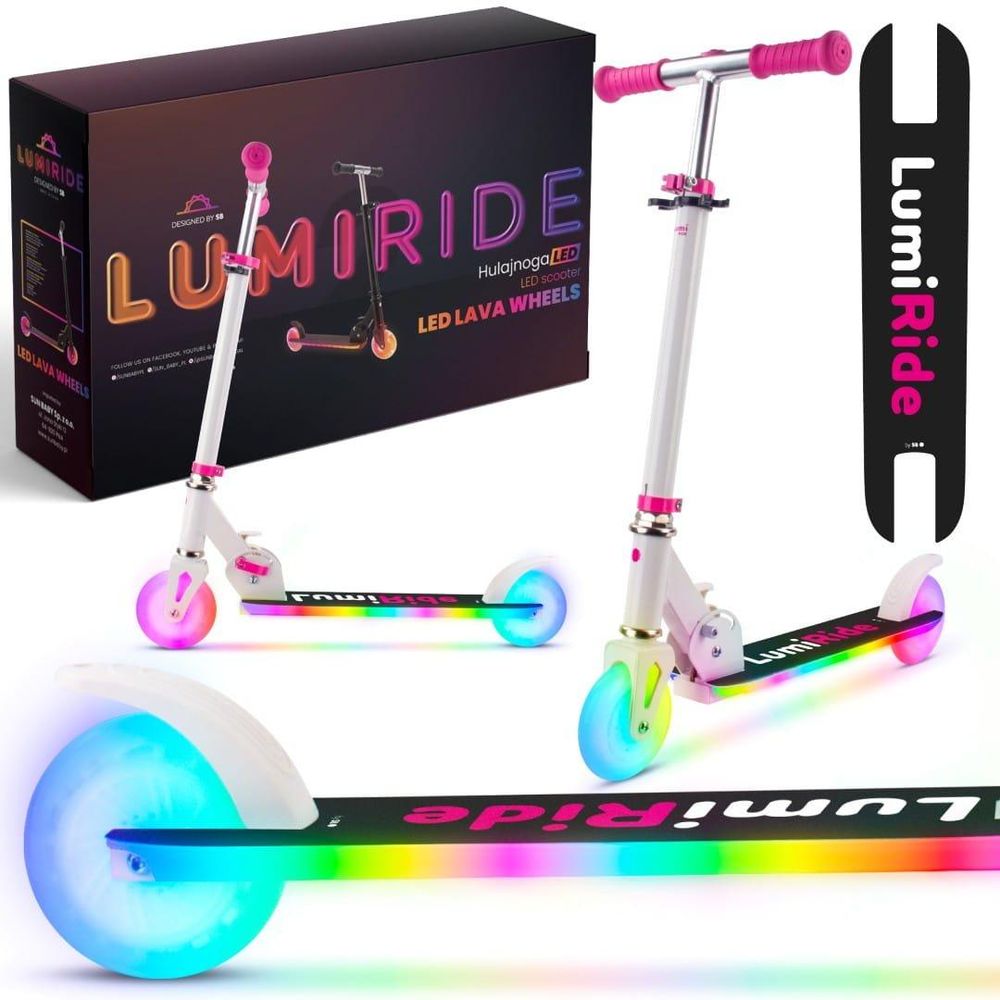Monopattino Lumiride con LED colorati acceso e confezione.